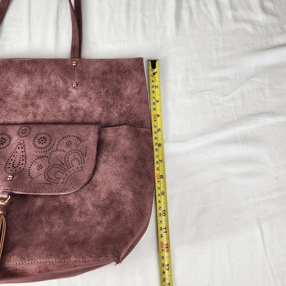 Vegan Leather Tote Bag With Tassel And Gold Trim Large Burgundy